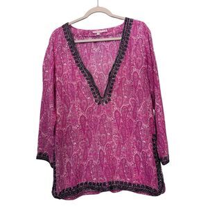 $349 Calypso St Barth Pink Embellished Paisley Tunic Top Pullover 100% Viscose S